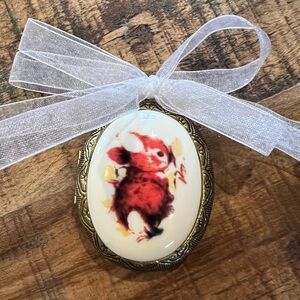 Vintage Spring Bunny Locket Porcelain & Carved Brass Antiqued Golden Easter